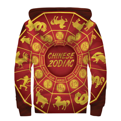 Red And Yellow Chinese Zodiac Print Sherpa Lined Zip Up Hoodie