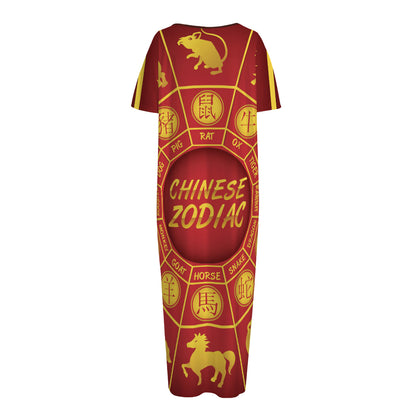 Red And Yellow Chinese Zodiac Print Short Sleeve Long Nightdress