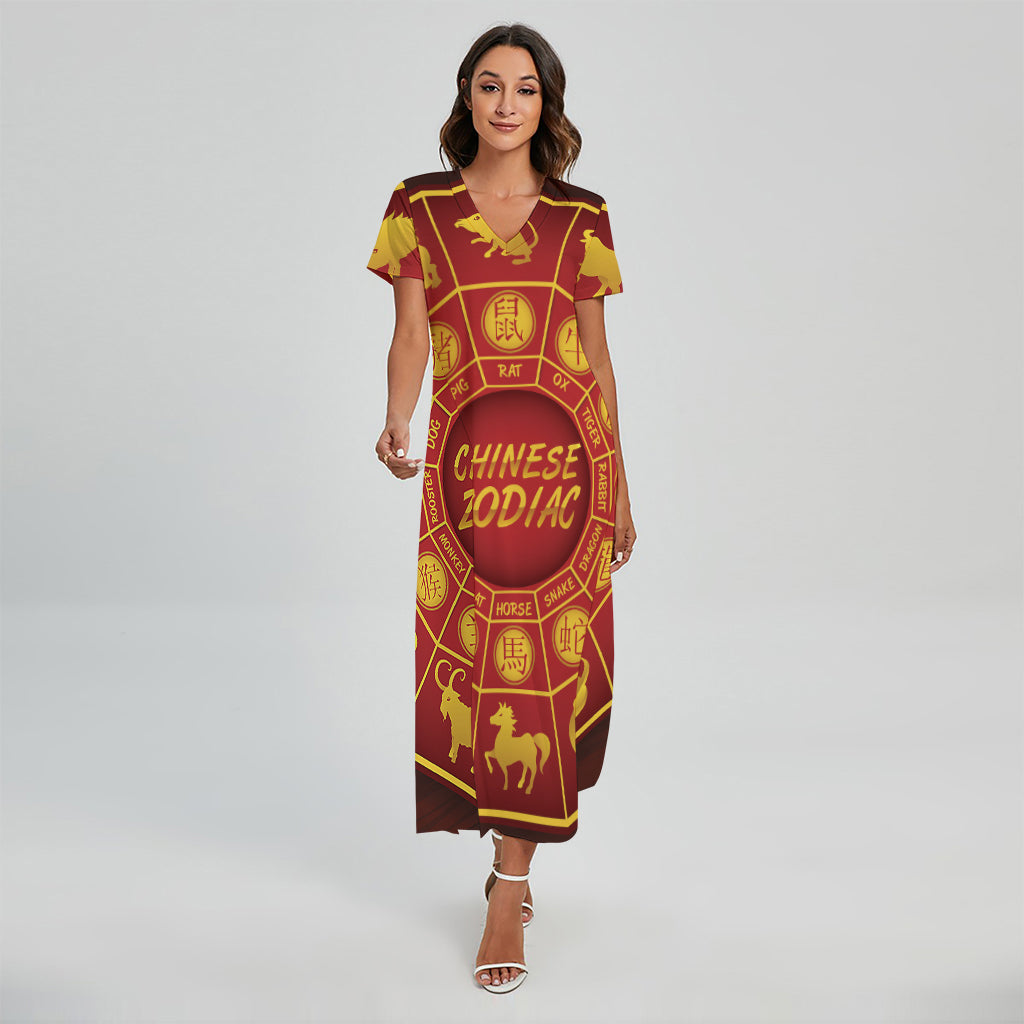 Red And Yellow Chinese Zodiac Print Short Sleeve Maxi Dress