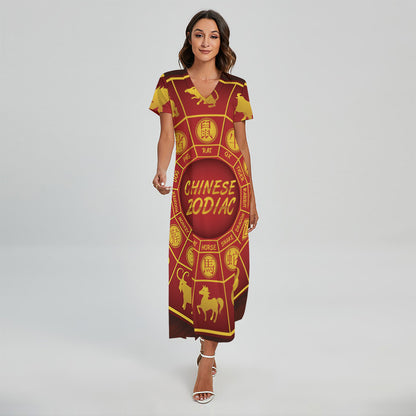 Red And Yellow Chinese Zodiac Print Short Sleeve Maxi Dress