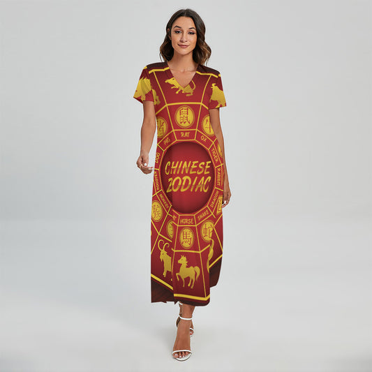 Red And Yellow Chinese Zodiac Print Short Sleeve Maxi Dress