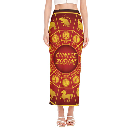 Red And Yellow Chinese Zodiac Print Side Slit Maxi Skirt