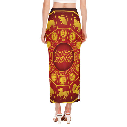 Red And Yellow Chinese Zodiac Print Side Slit Maxi Skirt