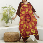 Red And Yellow Chinese Zodiac Print Silk V-Neck Kaftan Dress