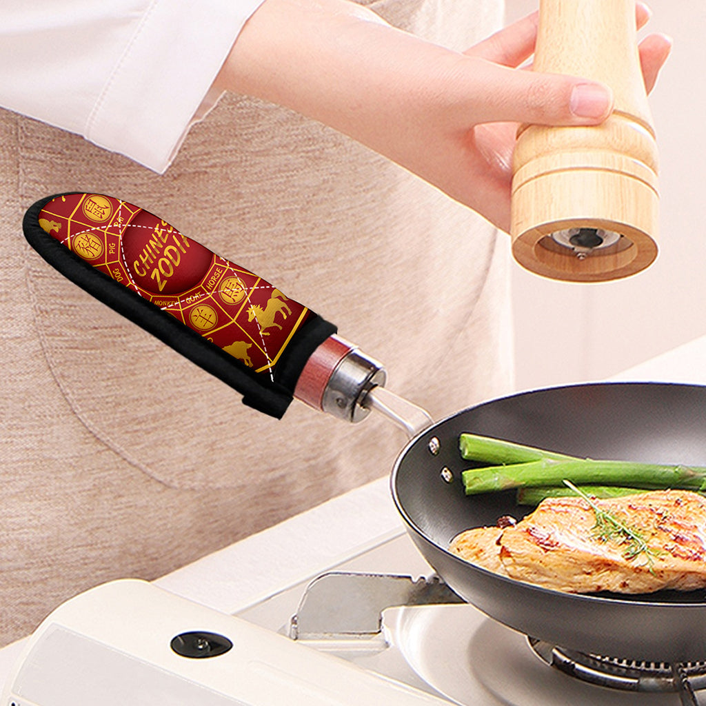 Red And Yellow Chinese Zodiac Print Skillet Handle Cover