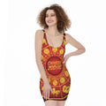 Red And Yellow Chinese Zodiac Print Sleeveless Bodycon Dress