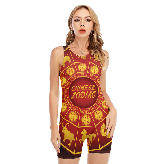 Red And Yellow Chinese Zodiac Print Sleeveless One Piece Swimsuit