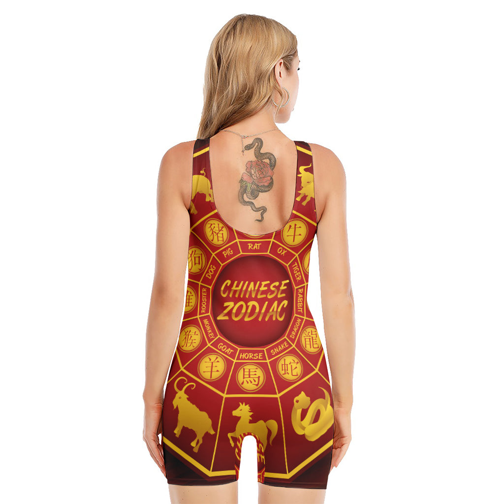 Red And Yellow Chinese Zodiac Print Sleeveless One Piece Swimsuit