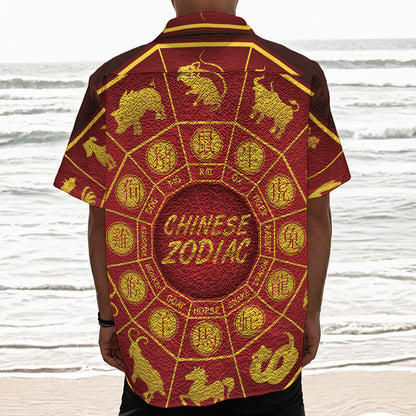 Red And Yellow Chinese Zodiac Print Textured Short Sleeve Shirt
