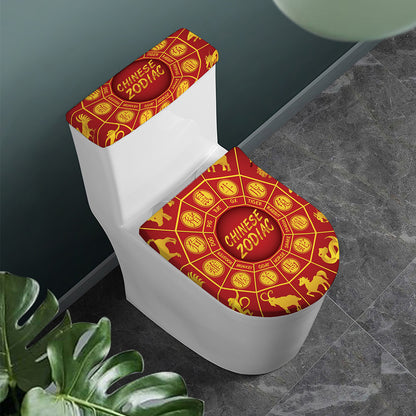Red And Yellow Chinese Zodiac Print Toilet Lid And Tank Cover Set