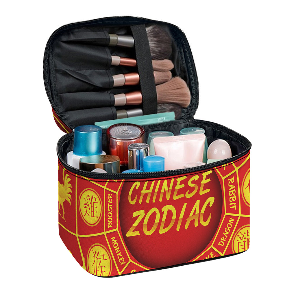 Red And Yellow Chinese Zodiac Print Travel Makeup Bag
