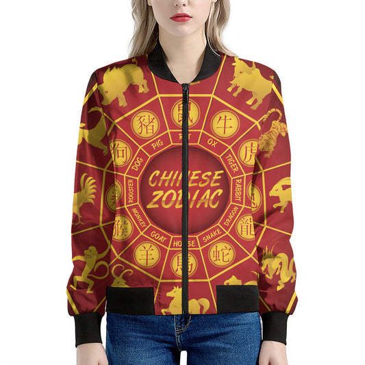 Red And Yellow Chinese Zodiac Print Women's Bomber Jacket