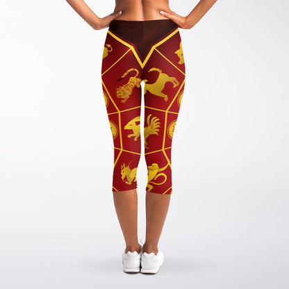 Red And Yellow Chinese Zodiac Print Women's Capri Leggings