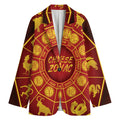 Red And Yellow Chinese Zodiac Print Women's Cotton Blazer