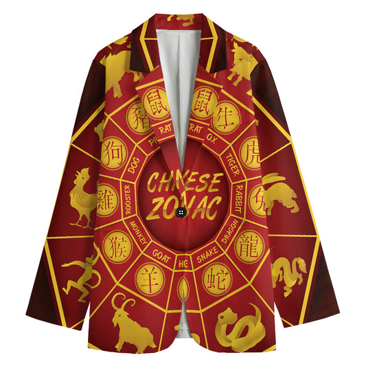 Red And Yellow Chinese Zodiac Print Women's Cotton Blazer