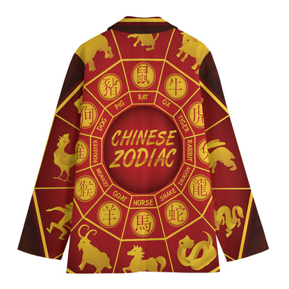 Red And Yellow Chinese Zodiac Print Women's Cotton Blazer