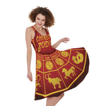 Red And Yellow Chinese Zodiac Print Women's Sleeveless Dress