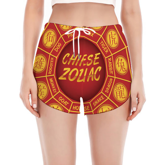Red And Yellow Chinese Zodiac Print Women's Split Running Shorts