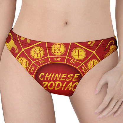 Red And Yellow Chinese Zodiac Print Women's Thong