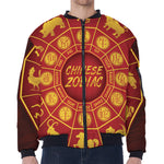 Red And Yellow Chinese Zodiac Print Zip Sleeve Bomber Jacket