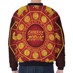 Red And Yellow Chinese Zodiac Print Zip Sleeve Bomber Jacket