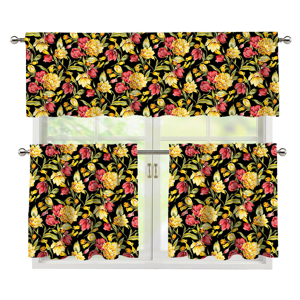 Red And Yellow Flowers Print 3 Piece Kitchen Curtains