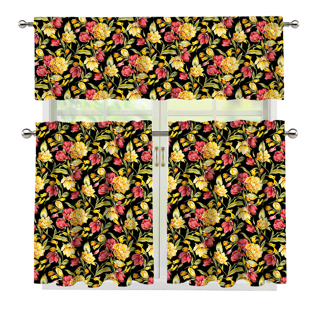 Red And Yellow Flowers Print 3 Piece Kitchen Curtains