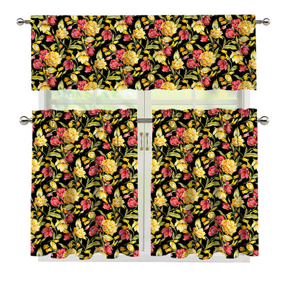 Red And Yellow Flowers Print 3 Piece Kitchen Curtains
