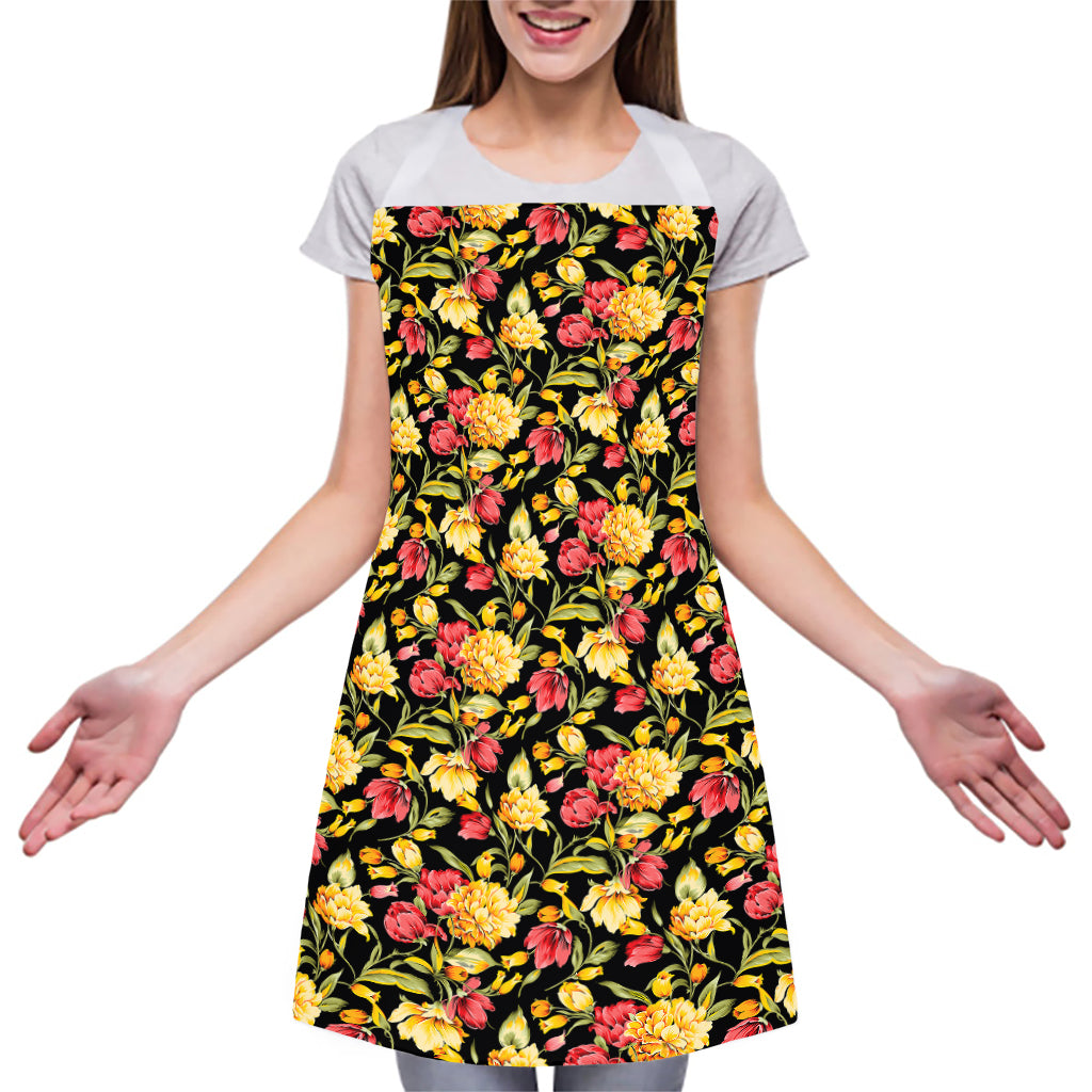 Red And Yellow Flowers Print Adjustable Apron