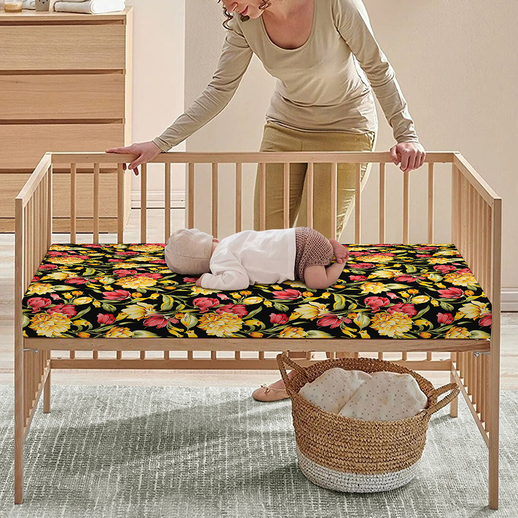 Red And Yellow Flowers Print Baby Crib Sheet