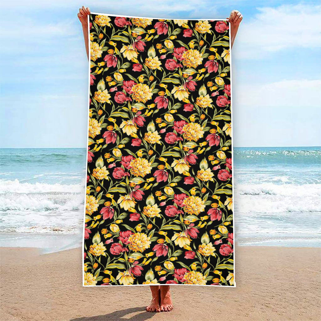 Red And Yellow Flowers Print Beach Towel