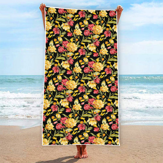 Red And Yellow Flowers Print Beach Towel