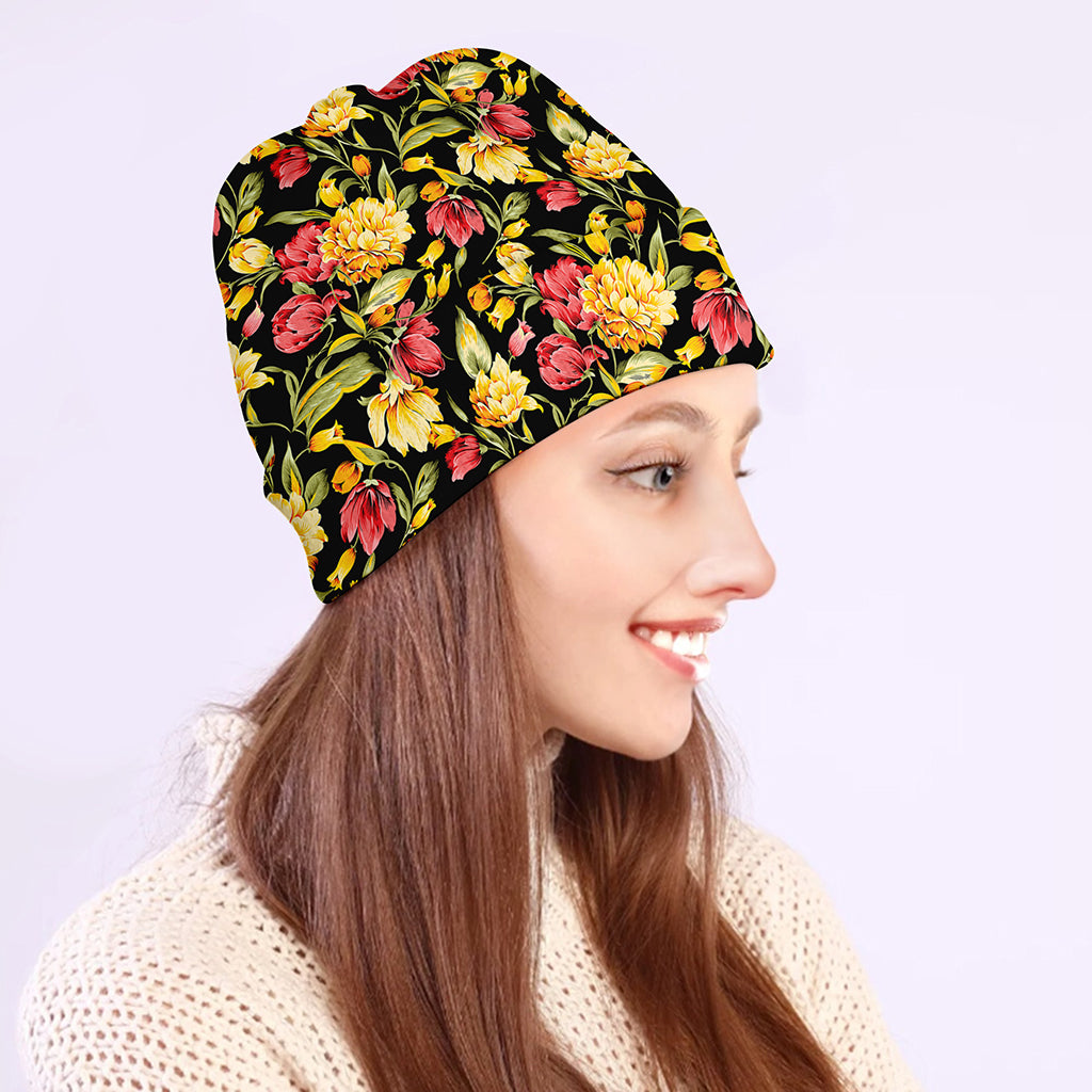 Red And Yellow Flowers Print Beanie