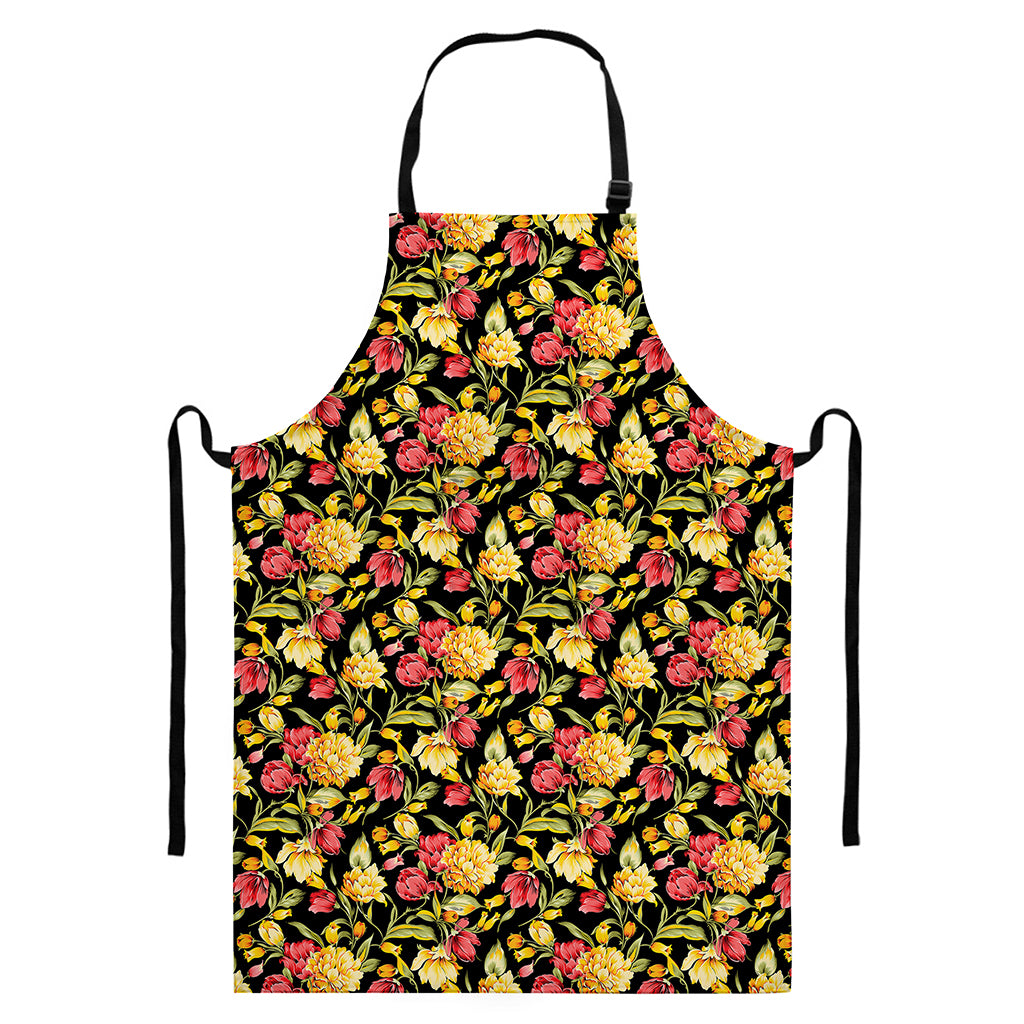 Red And Yellow Flowers Print Bib Apron With Pocket