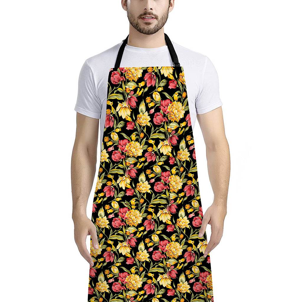 Red And Yellow Flowers Print Bib Apron With Pocket