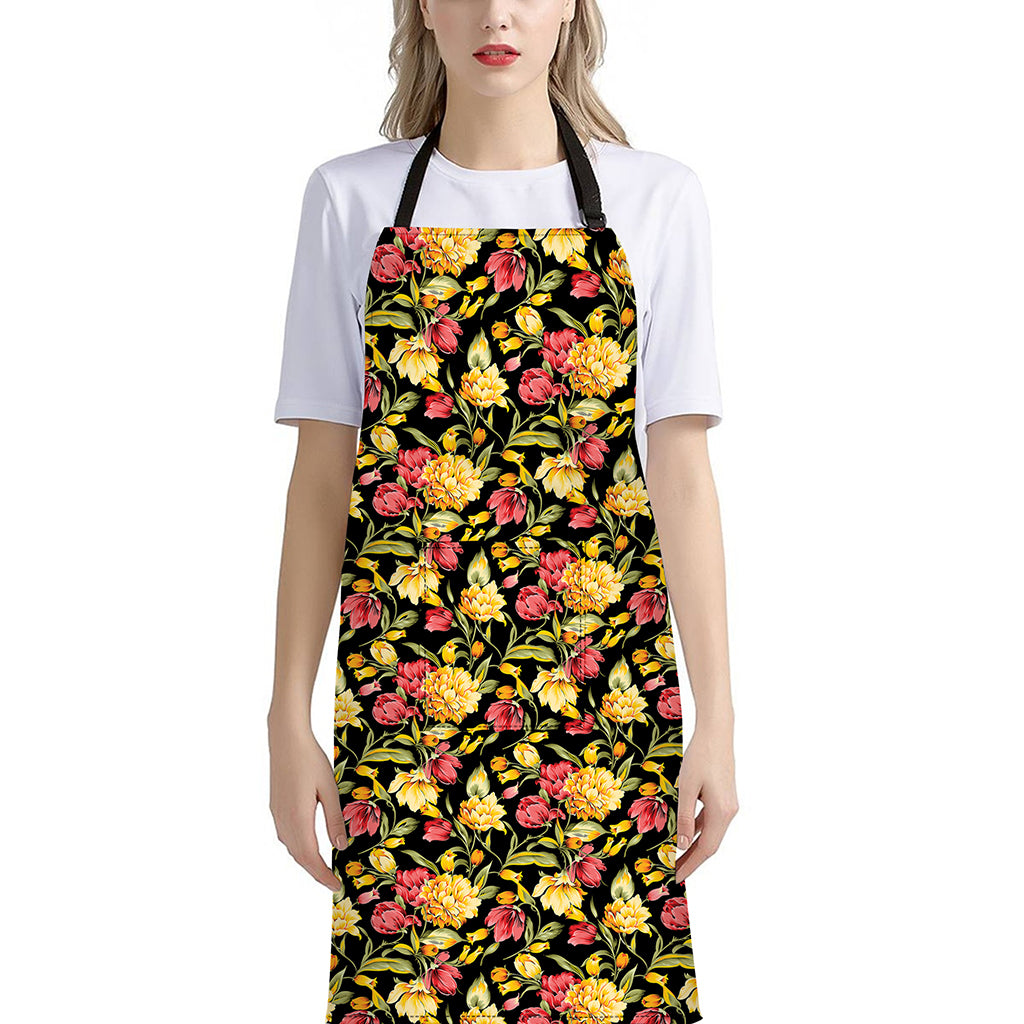 Red And Yellow Flowers Print Bib Apron With Pocket