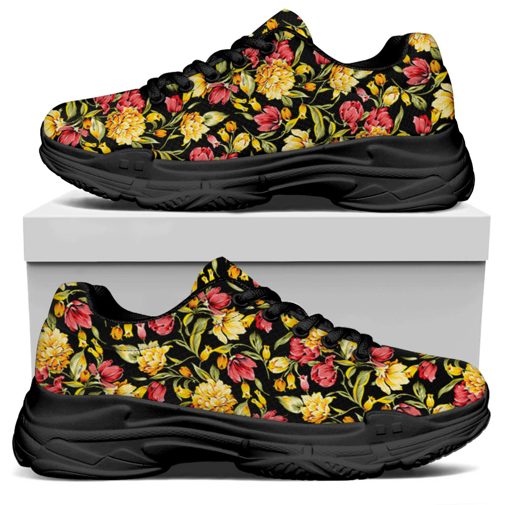 Red And Yellow Flowers Print Black Chunky Shoes