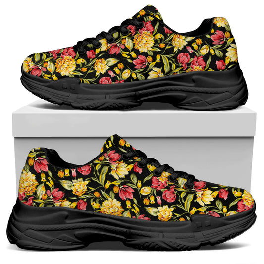 Red And Yellow Flowers Print Black Chunky Shoes