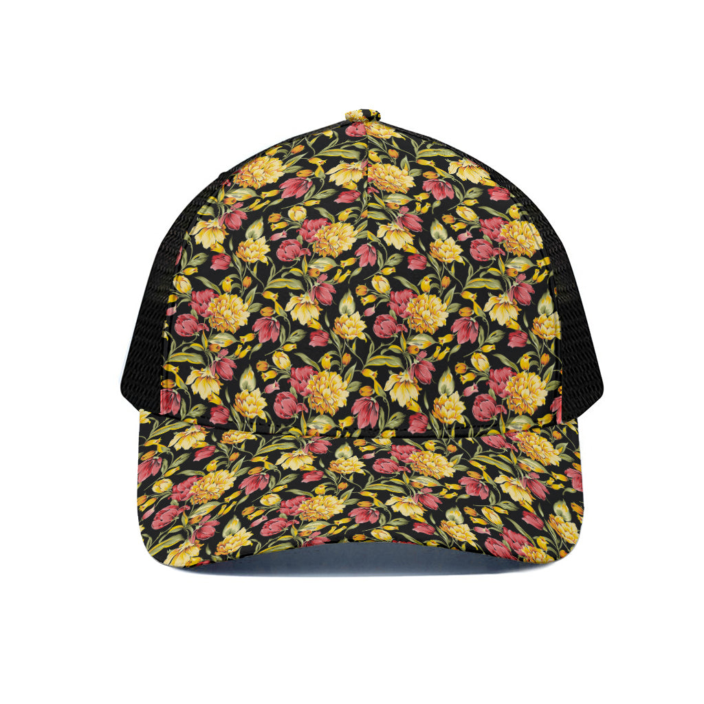 Red And Yellow Flowers Print Black Mesh Trucker Cap