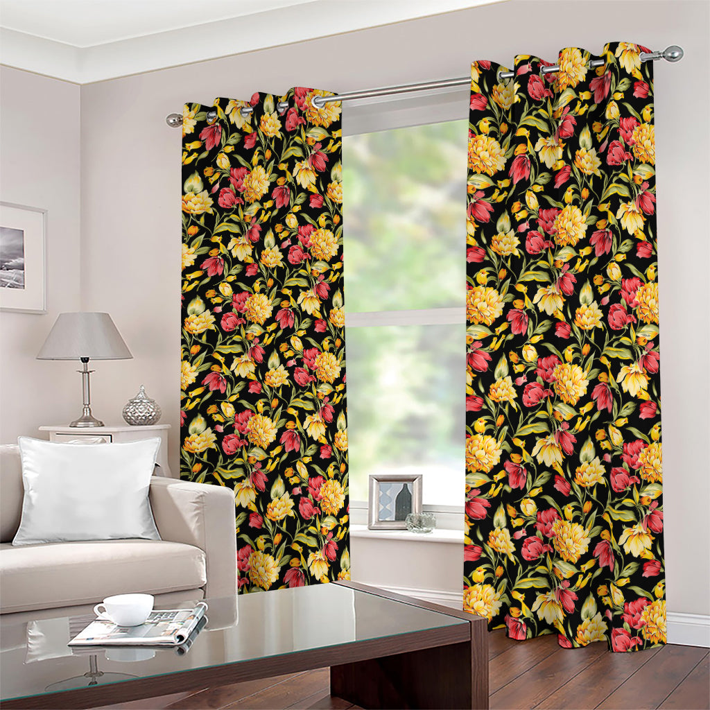 Red And Yellow Flowers Print Blackout Grommet Curtains