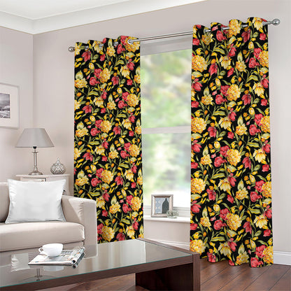 Red And Yellow Flowers Print Blackout Grommet Curtains