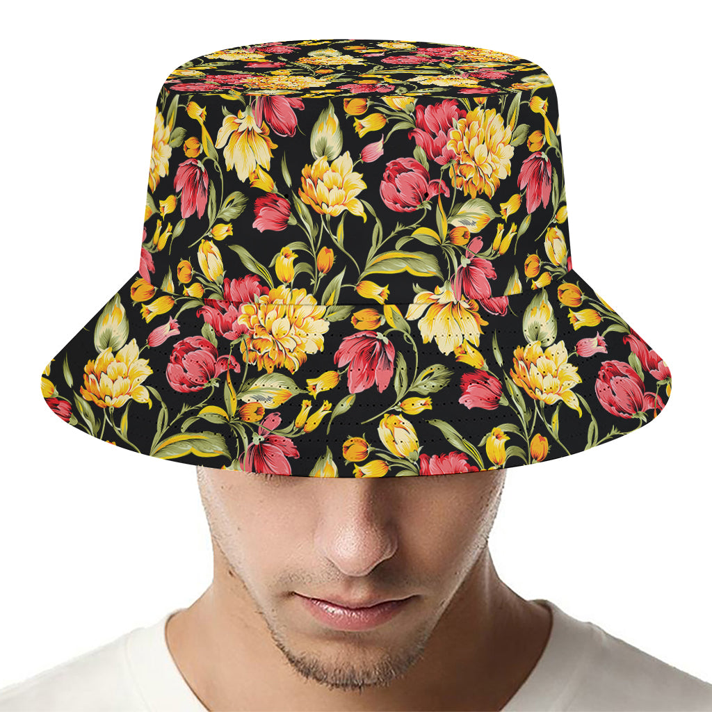 Red And Yellow Flowers Print Bucket Hat