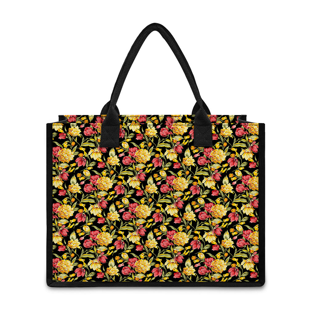 Red And Yellow Flowers Print Canvas Tote Bag