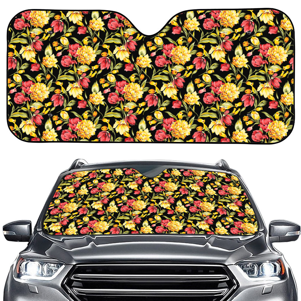 Red And Yellow Flowers Print Car Windshield Sun Shade