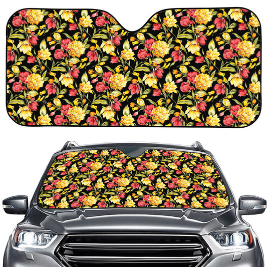 Red And Yellow Flowers Print Car Windshield Sun Shade