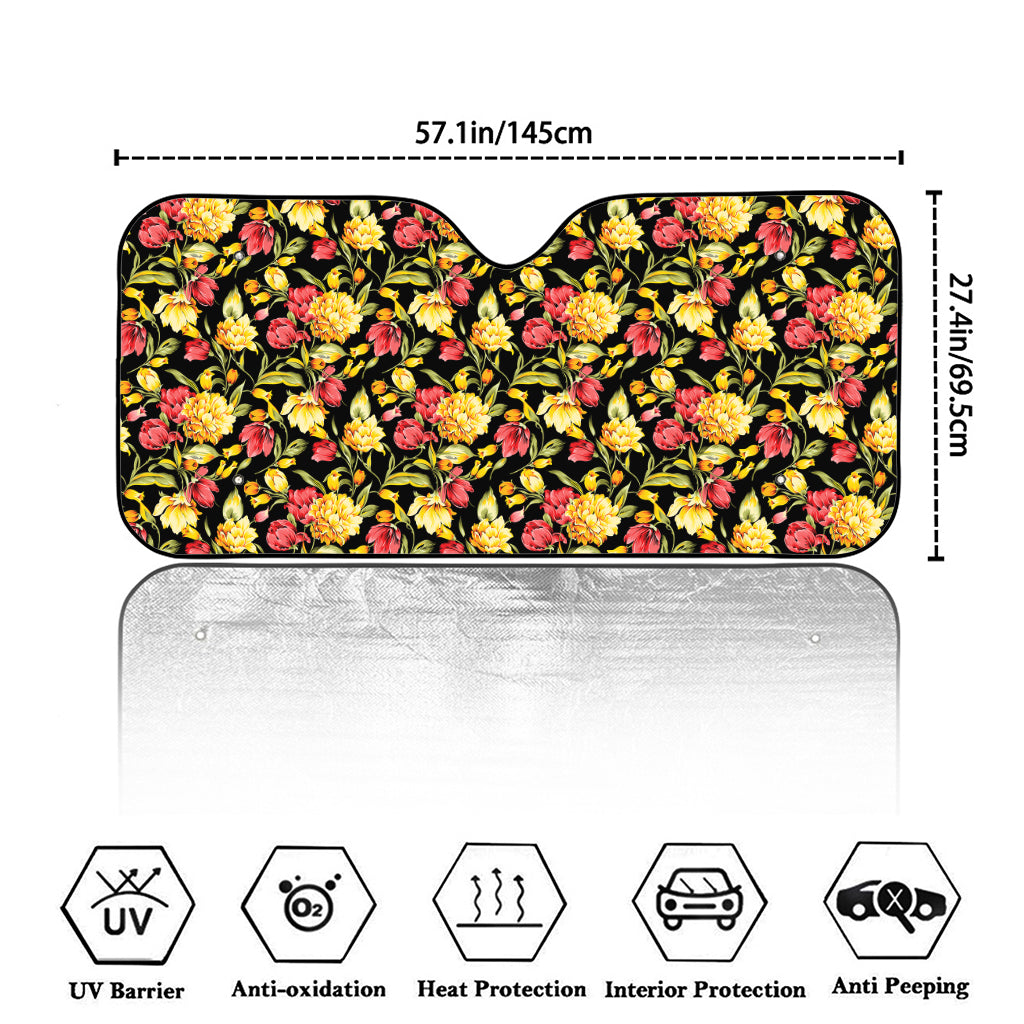 Red And Yellow Flowers Print Car Windshield Sun Shade