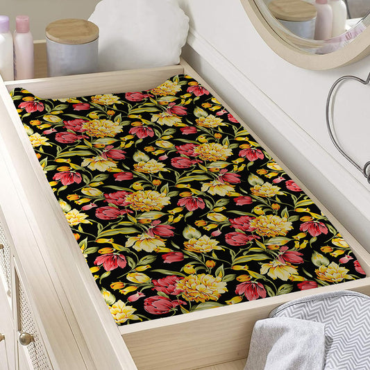 Red And Yellow Flowers Print Changing Pad Cover