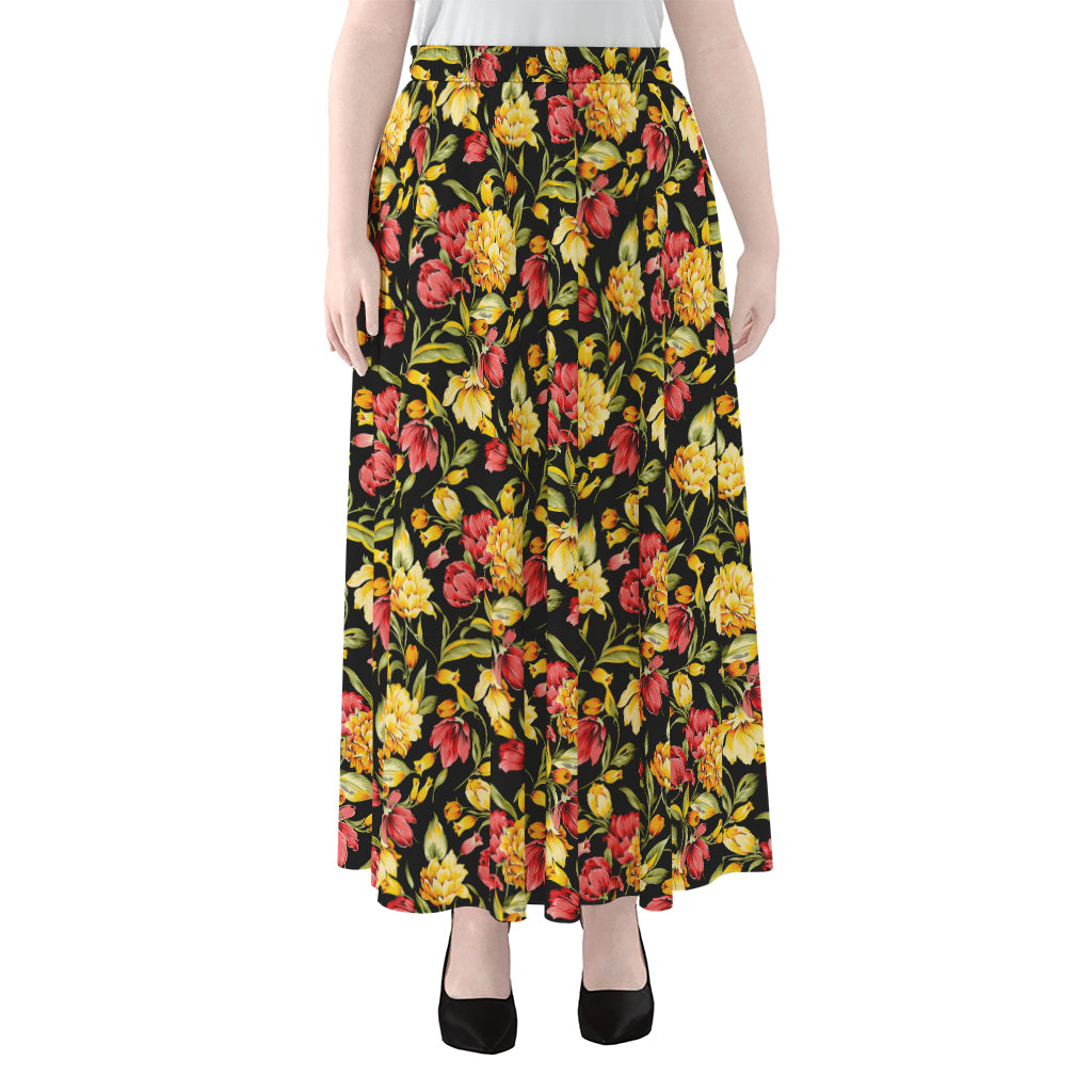 Red And Yellow Flowers Print Chiffon Maxi Skirt