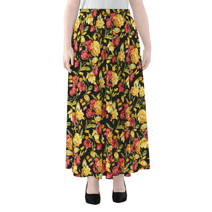 Red And Yellow Flowers Print Chiffon Maxi Skirt