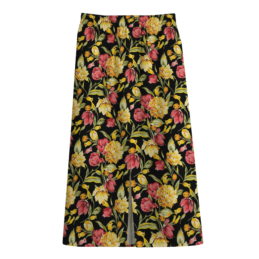 Red And Yellow Flowers Print Cotton Front Slit Maxi Skirt